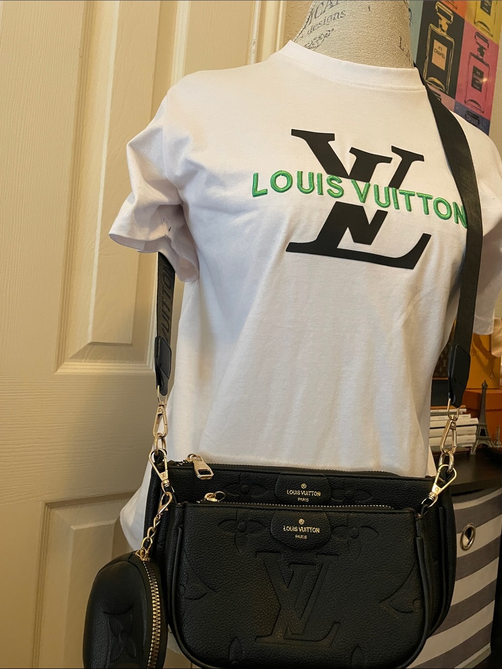 Black Triple-Pouch Crossbody Bag with Gold Hardware. Closet clearout no returns